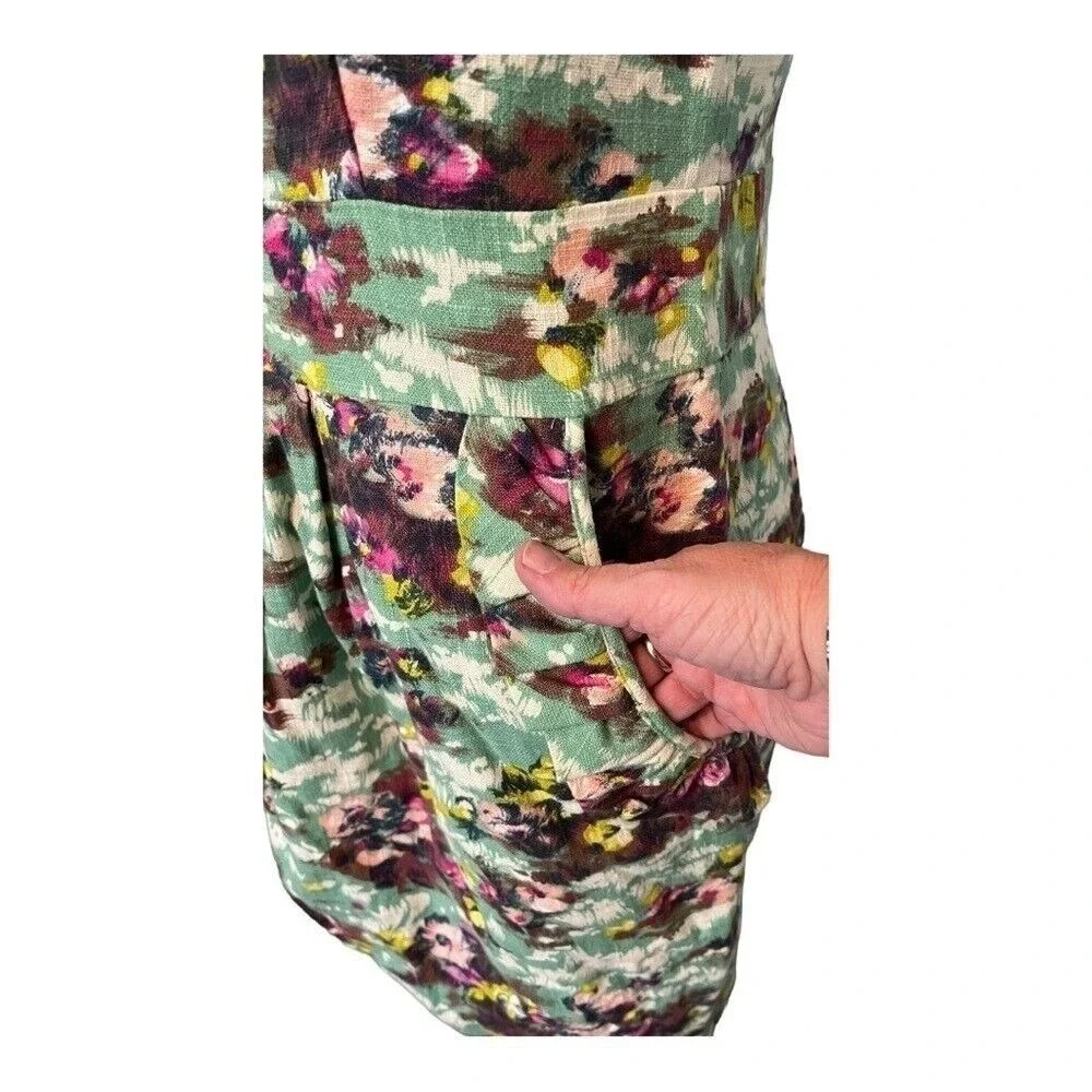Darling April Dress Spearmint Green Floral Linen Blend Pockets‎ Large NWT